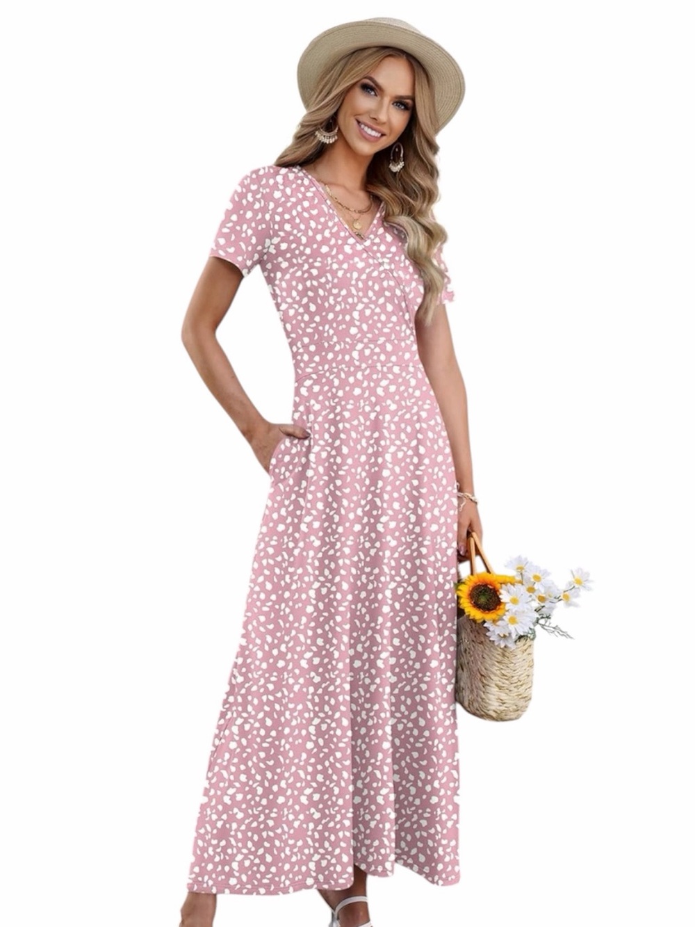 AUSELILY Salmon Pink Polka Dot Empire Waist Maxi Dress w/ Pockets, Size Large